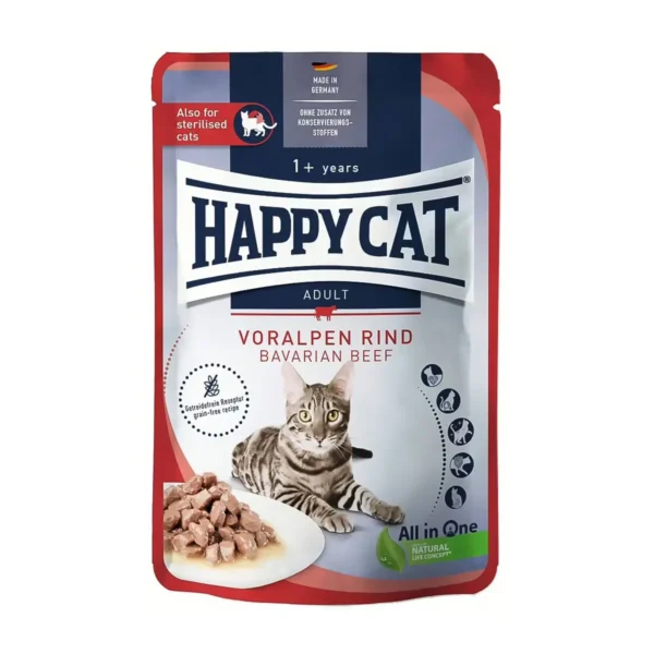 پوچ گربه هپی کت – گوشت گاو در سس | ۸۵ گرم | غذای تر بدون غلات